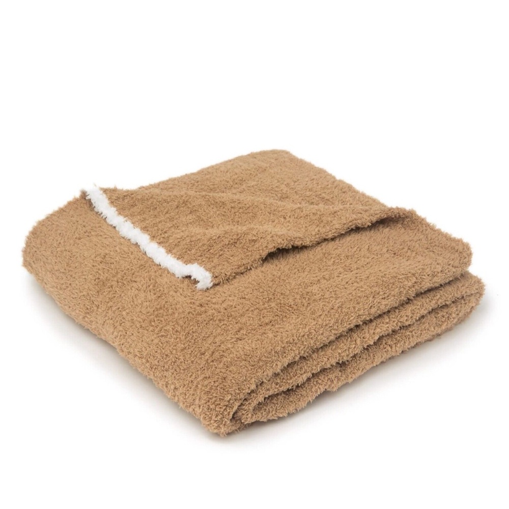 NWT $108 Barefoot Dreams CozyChic Rib Trim Throw [45" x‎ 60"] Camel White